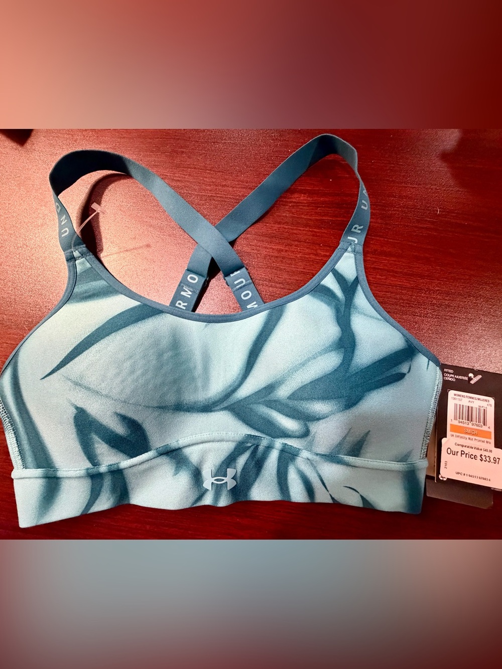 Under Armour UA Infinity Mid Printed Sports Bra Blue, NWT, S